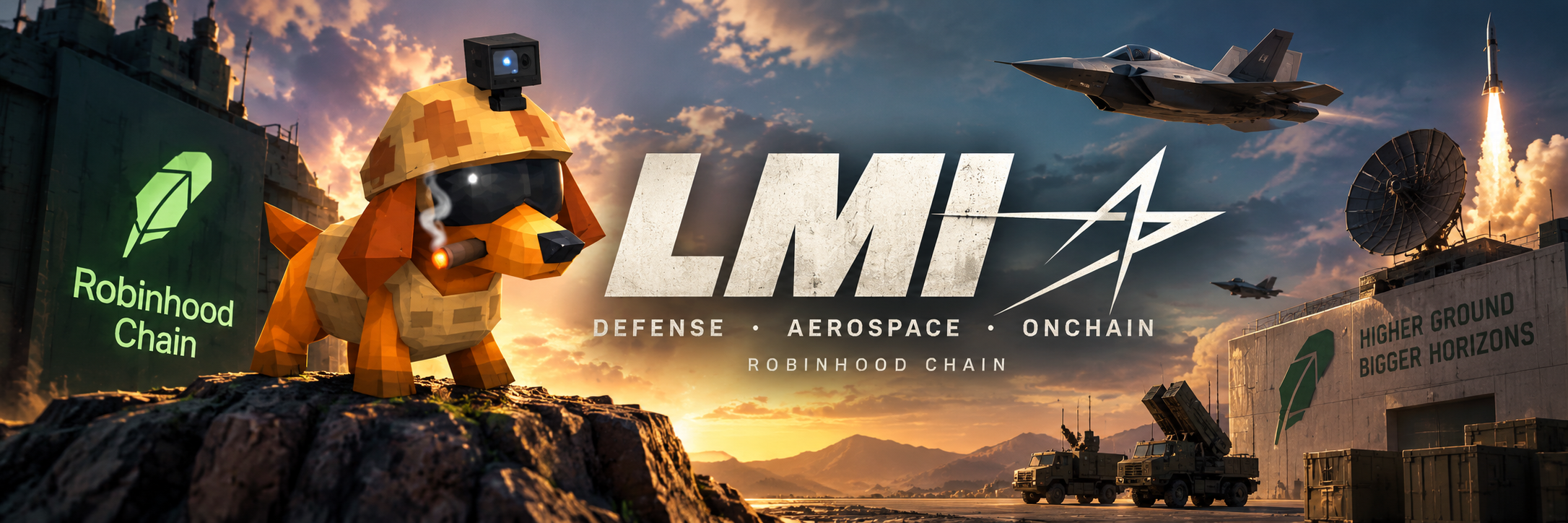 LMI banner — tactical dog on rocky outcrop with aerospace sunset, stealth jet, and Robinhood Chain hangars
